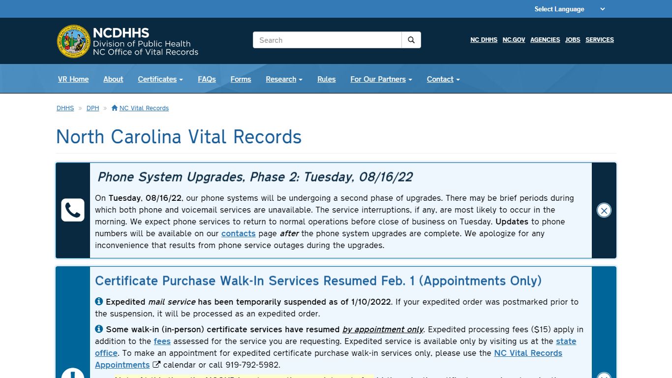 NCDHHS: DPH: NC Vital Records Home