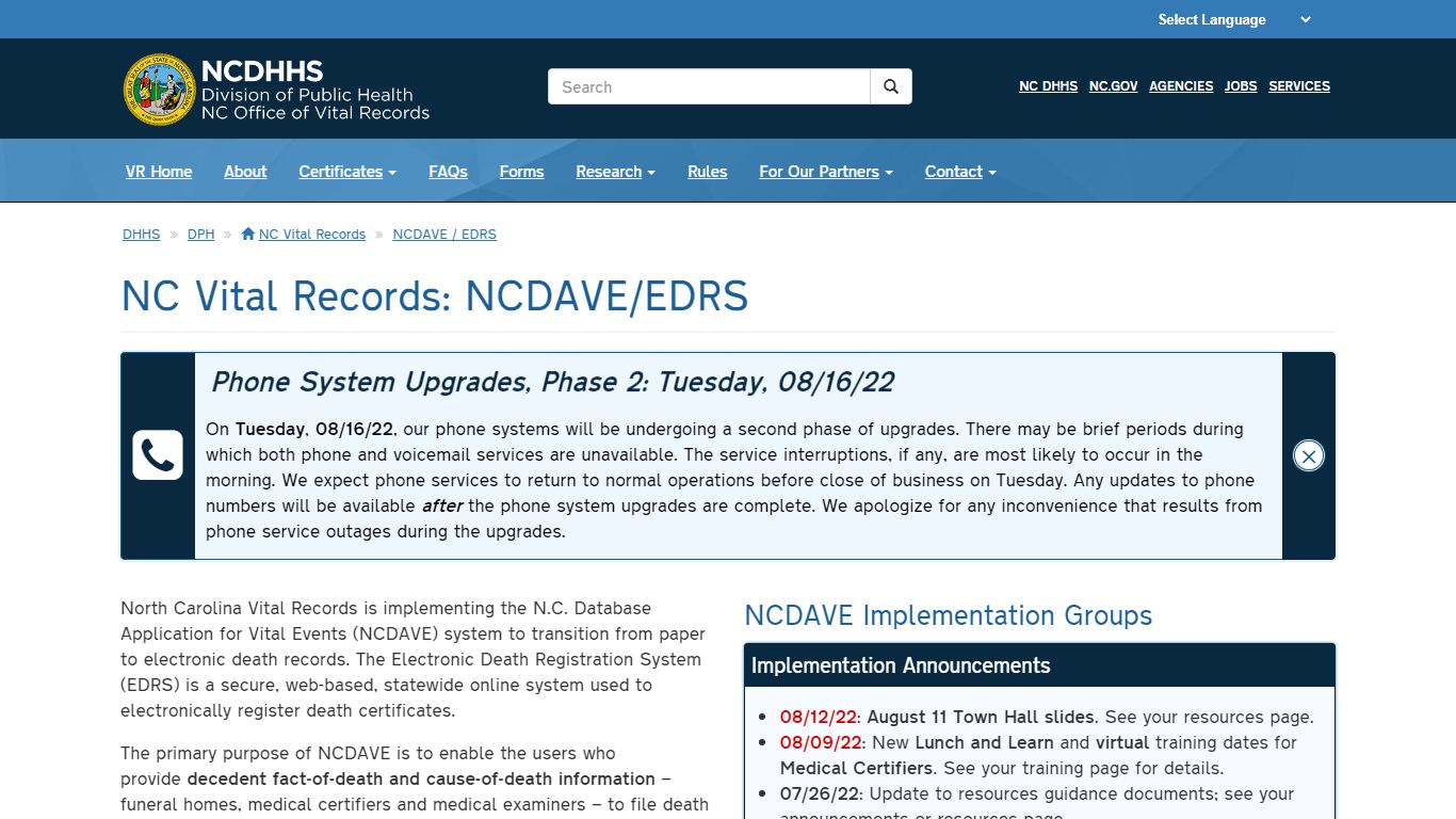 NCDHHS: DPH: NC Vital Records: NCDAVE / EDRS