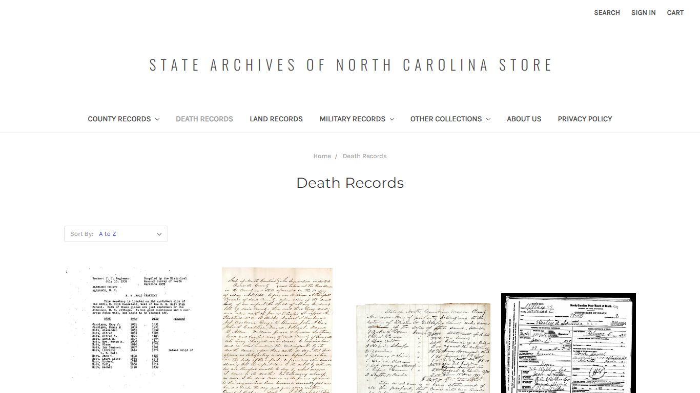 Death Records - State Archives of North Carolina Store